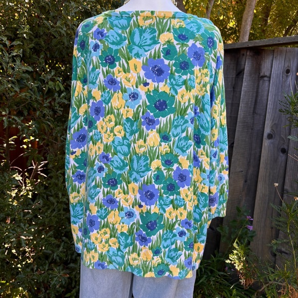 Talbots Size XL Floral Yellow Green 100% Cotton Cardigan Sweater Top Women - Picture 5 of 10